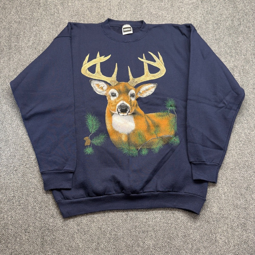 Vintage Tultex Buck Deer Graphic Sweatshirt Mens 2XL Navy Blue Made in USA 90s